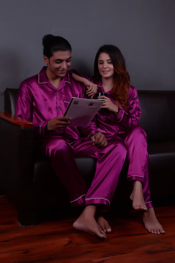 Magenta Silk Couple Nightwear Set – Luxurious & Romantic