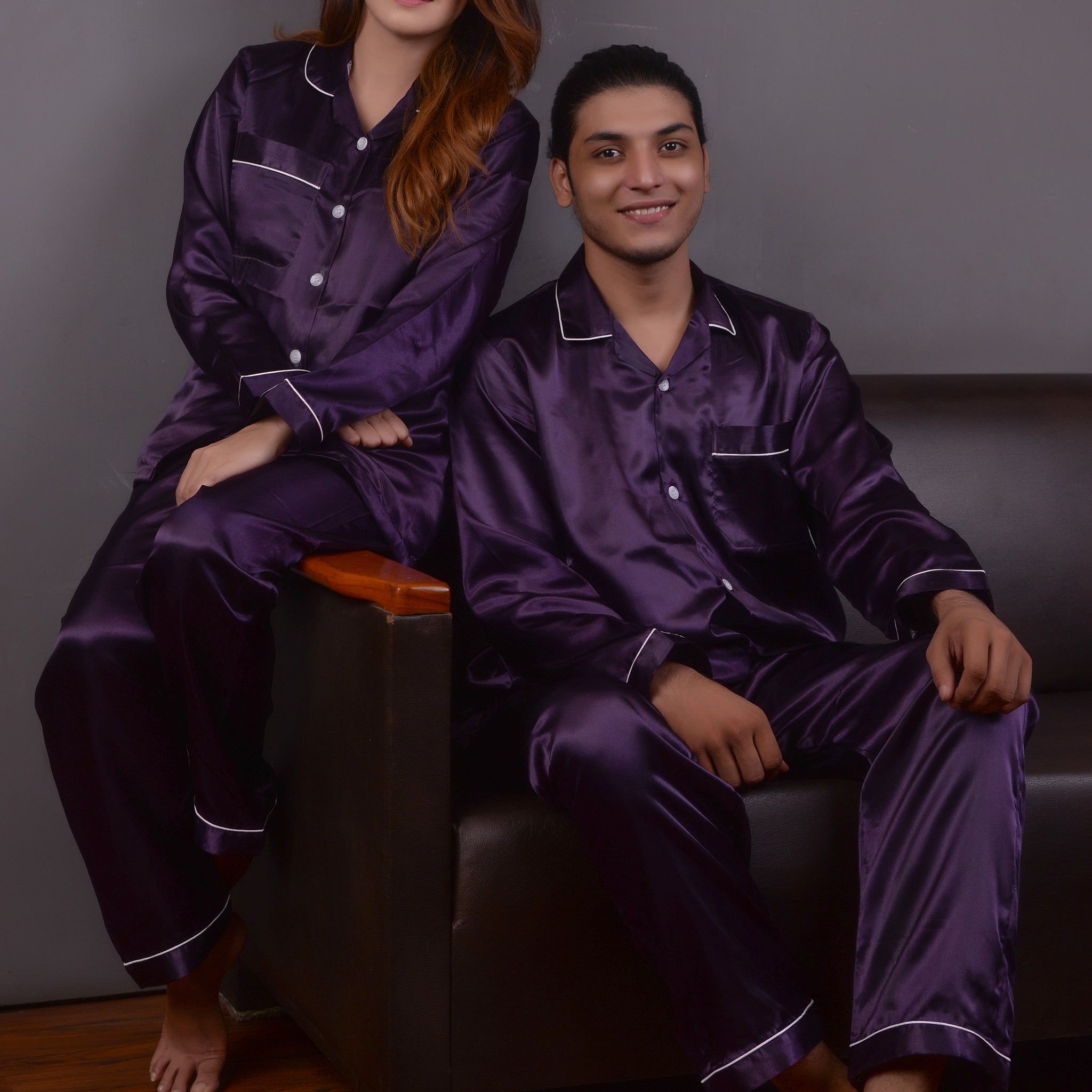 Purple Silk Couple Nightwear Set – Luxurious & Romantic