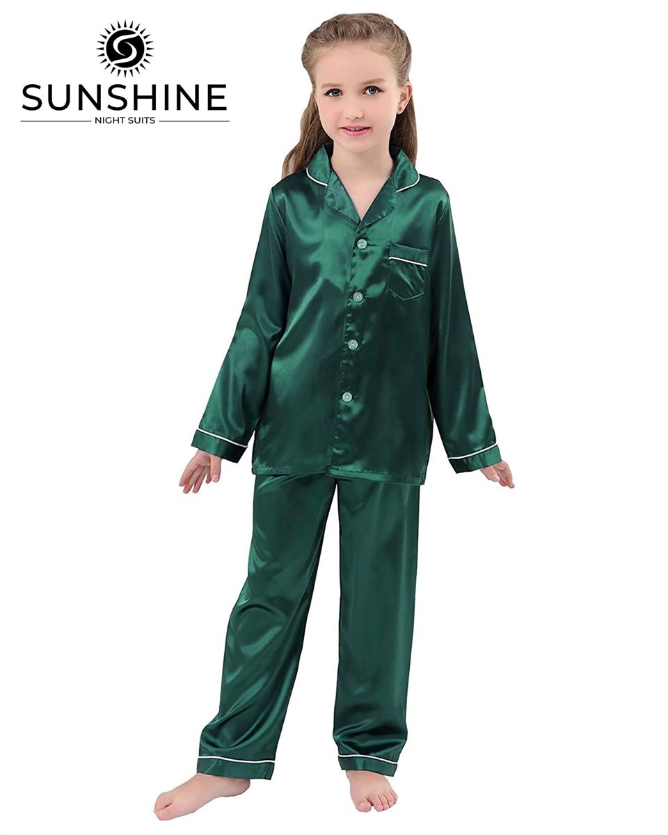 Sea Green Silk Pajamas Set For Girls