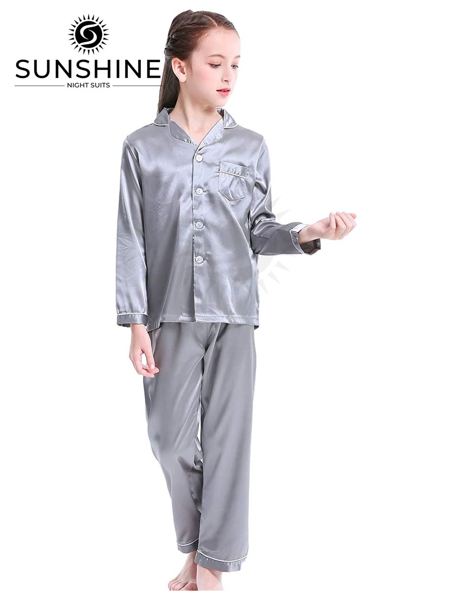 Silver Grey Silk Pajamas Set For Girls