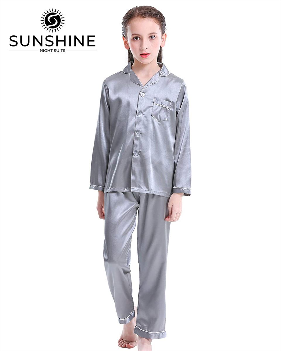 Silver Grey Silk Pajamas Set For Girls