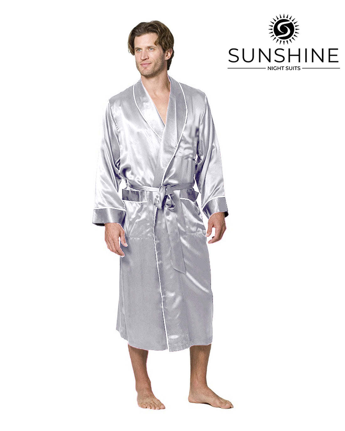 Silver Grey silk gown for men with shawl collar and two side pockets