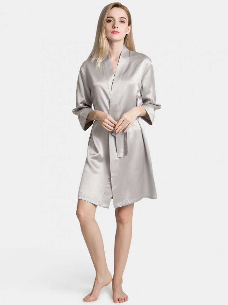 Silver Grey Silky Satin Kimono Short Robe