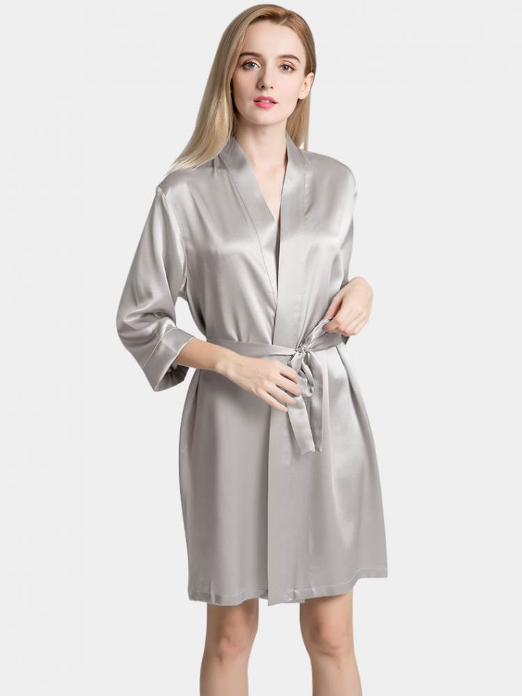 Silver Grey Silky Satin Kimono Short Robe