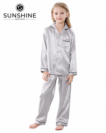 Silver Grey Silk Pajamas Set For Girls
