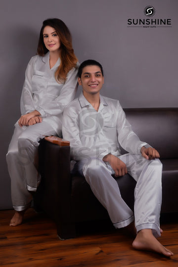 Silver Grey Silk Couple Nightwear Set – Luxurious & Romantic