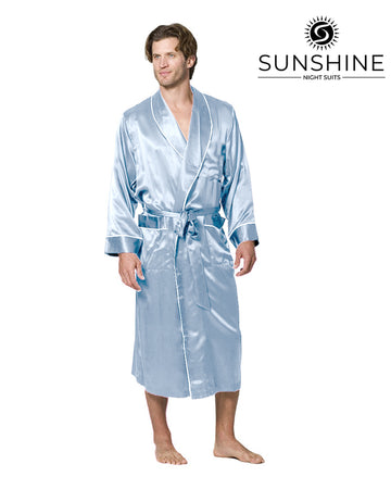 Sky Blue silk gown for men with shawl collar and two side pockets