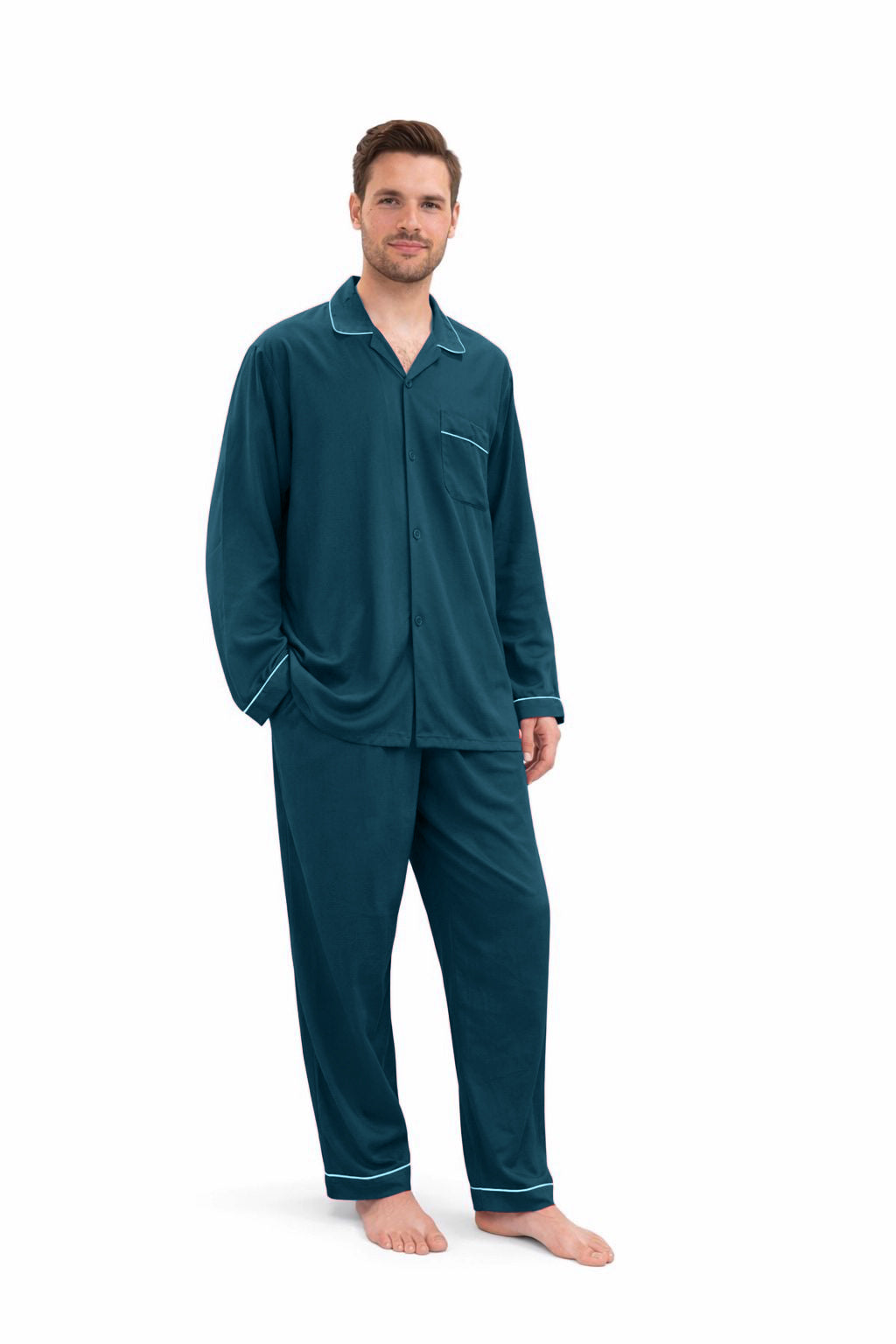 Teal plain linen night suit for men with long sleeves and contrast piping, relaxed fit sleepwear set