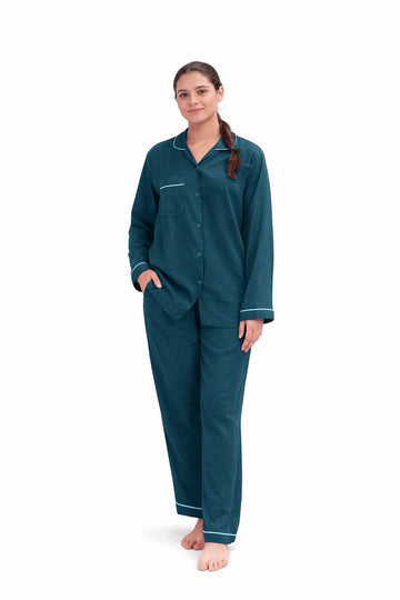 Teal plain linen night suit for women with button-down shirt and relaxed fit pajama set