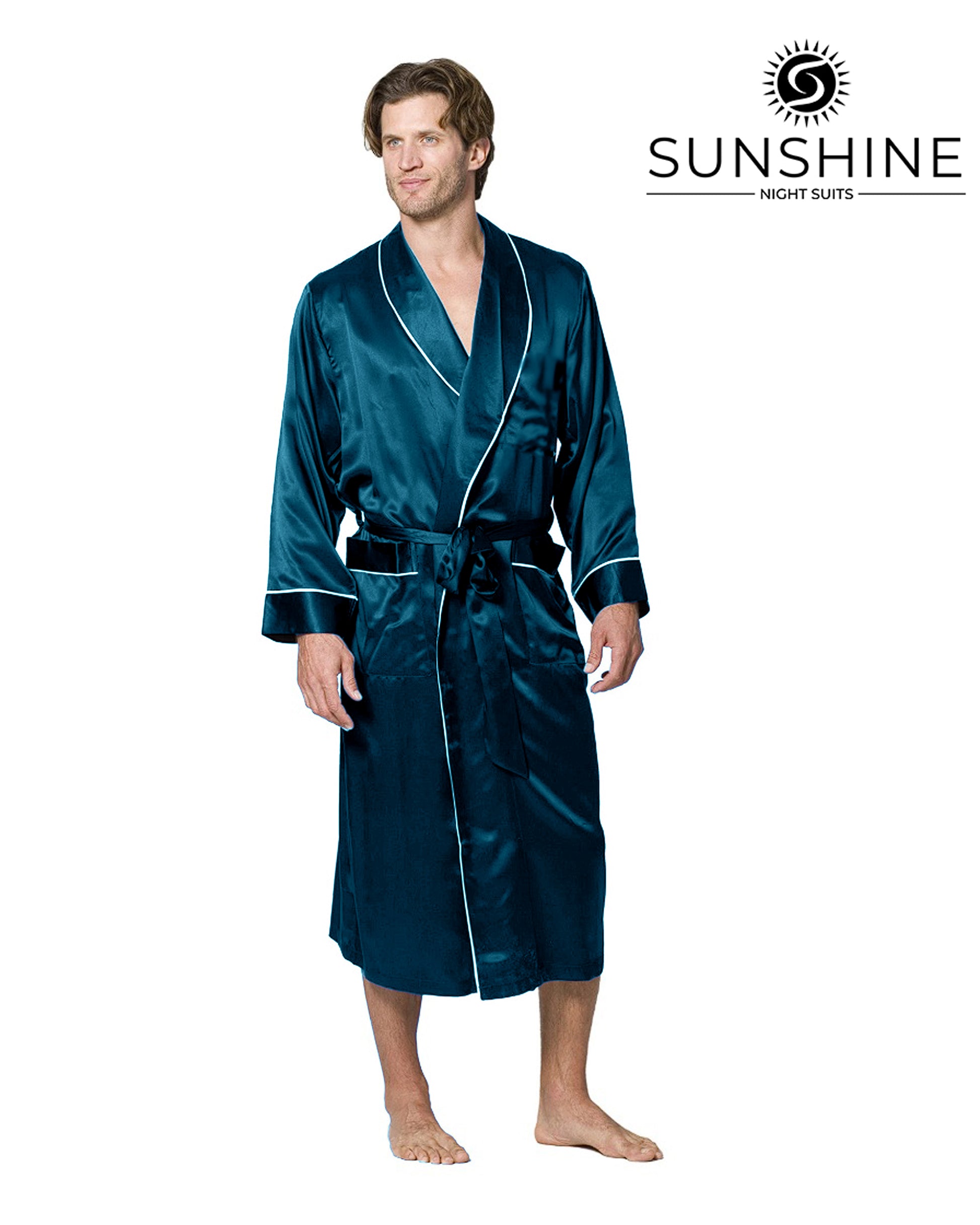 Teal silk gown for men with shawl collar and two side pockets