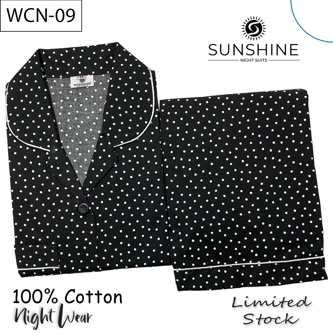Black Polka Dots Printed 100% Cotton Nightdress Ladies – WCN-09