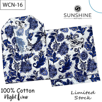 White Blue Floral Printed 100% Cotton Nightdress Ladies – WCN-16