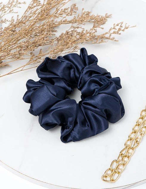 Navy Blue Silk Scrunchies - Luxurious Hair Accessories for Women