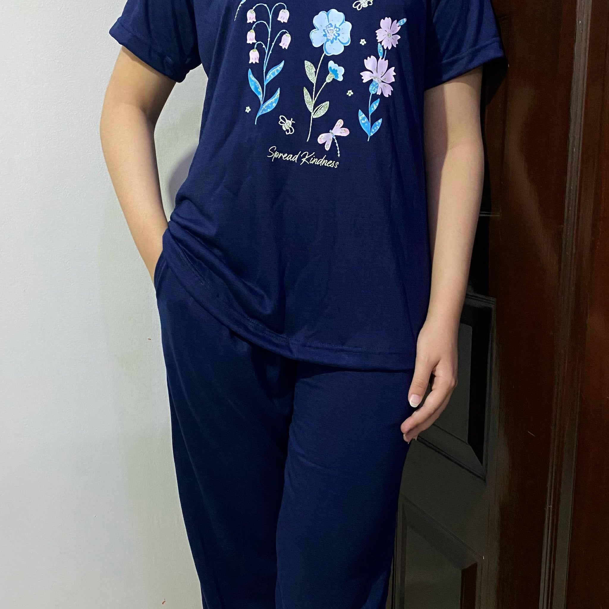 Navy Blue Floral Print T-Shirt & Pajama Set For Ladies PJ-01