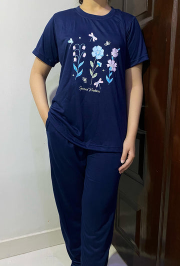 Navy Blue Floral Print T-Shirt & Pajama Set For Ladies PJ-01