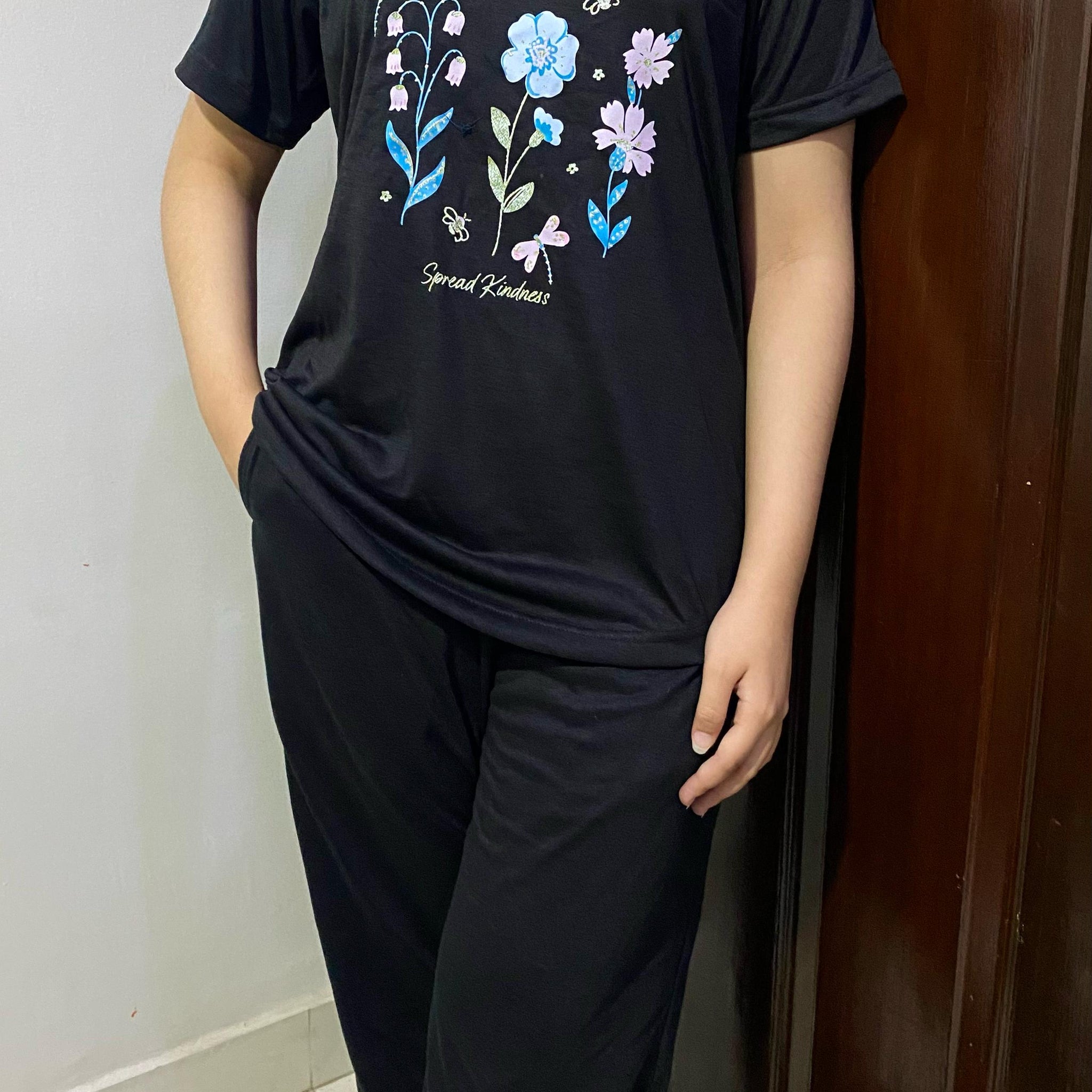 Black Floral Print T-Shirt & Pajama Set For Ladies PJ-02