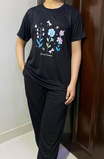 Black Floral Print T-Shirt & Pajama Set For Ladies PJ-02