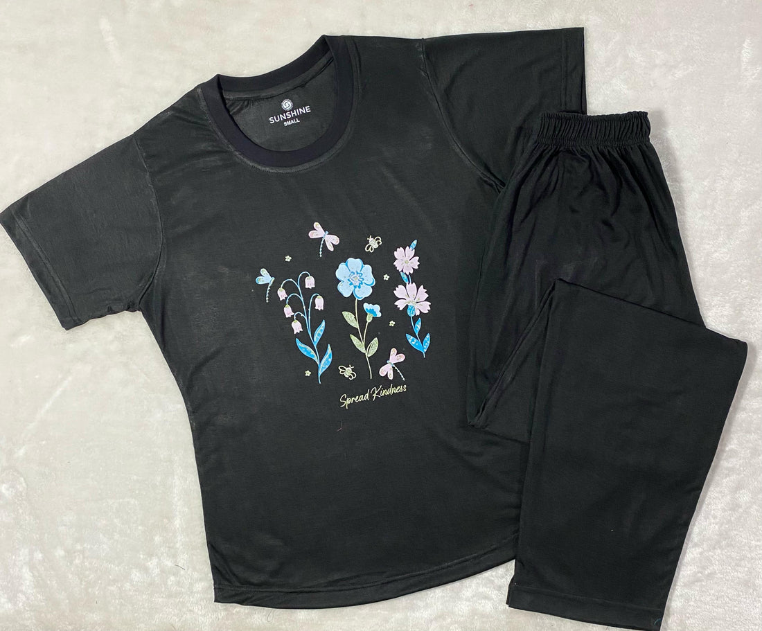 Black Floral Print T-Shirt & Pajama Set For Ladies PJ-02