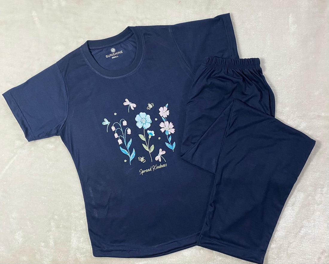 Navy Blue Floral Print T-Shirt & Pajama Set For Ladies PJ-01