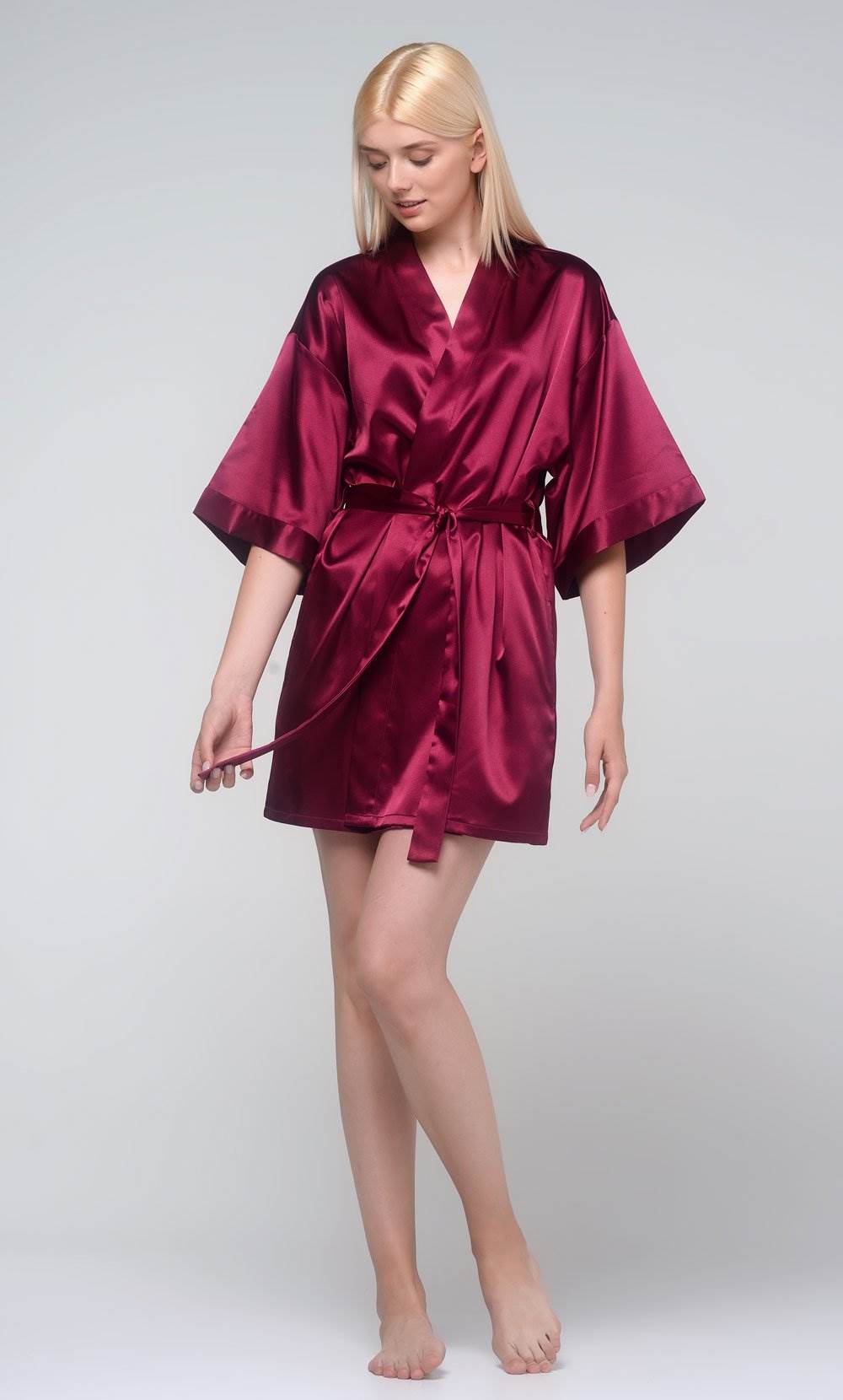 Maroon Silk Satin Kimono Short Robe