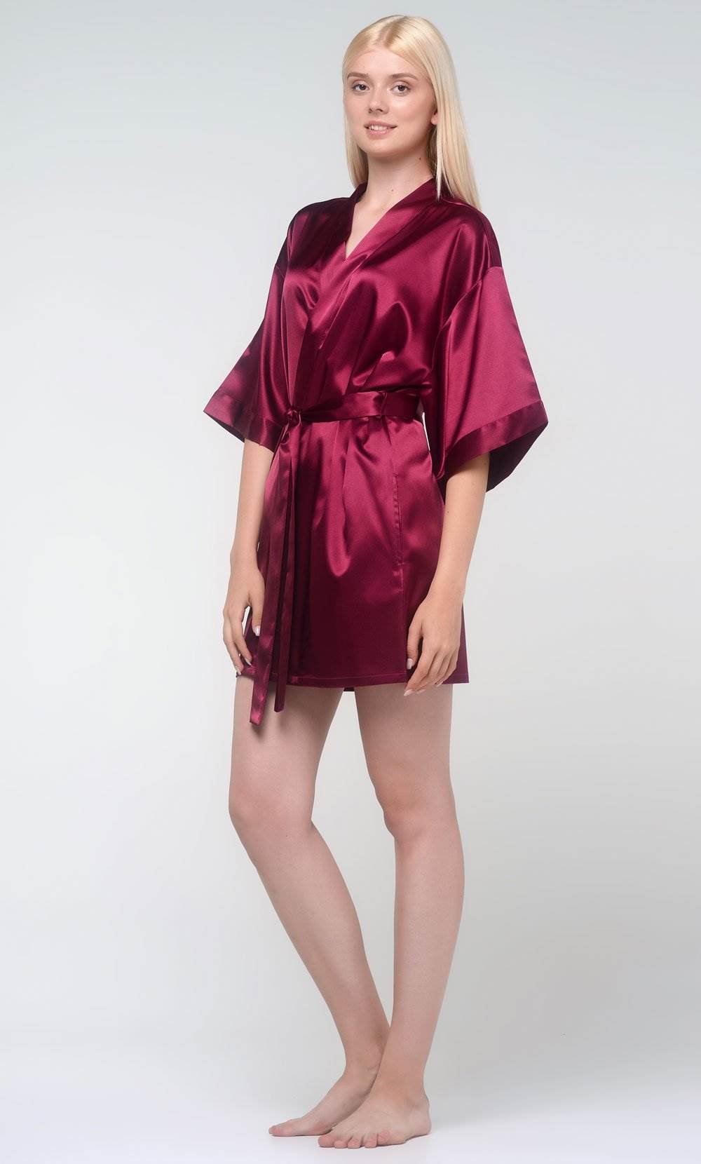 Maroon Silk Satin Kimono Short Robe