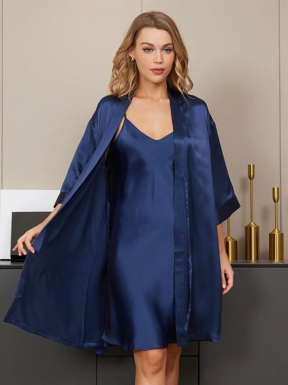 Blue Silk 2pcs Camisole & Gown Set