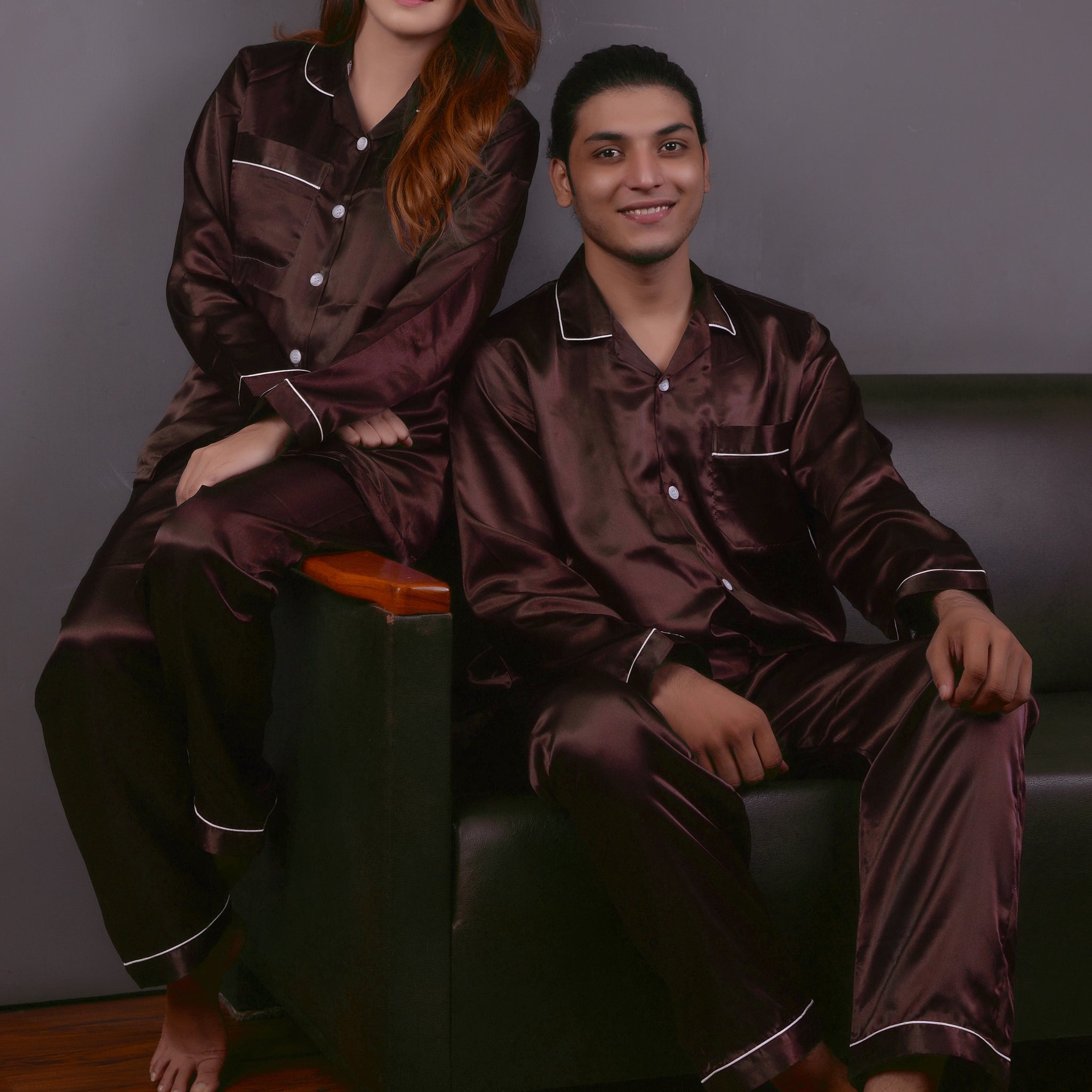 Brown Silk Couple Nightwear Set – Luxurious & Romantic