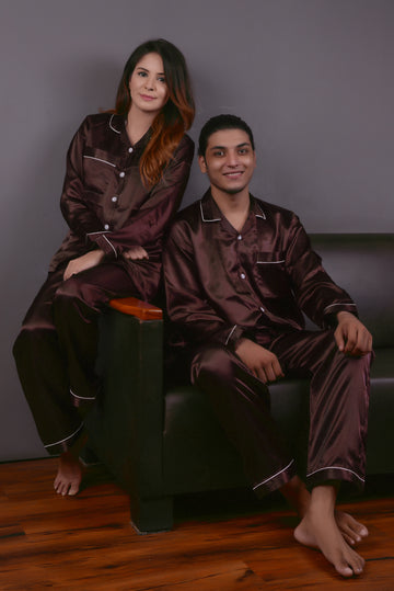 Brown Silk Couple Nightwear Set – Luxurious & Romantic