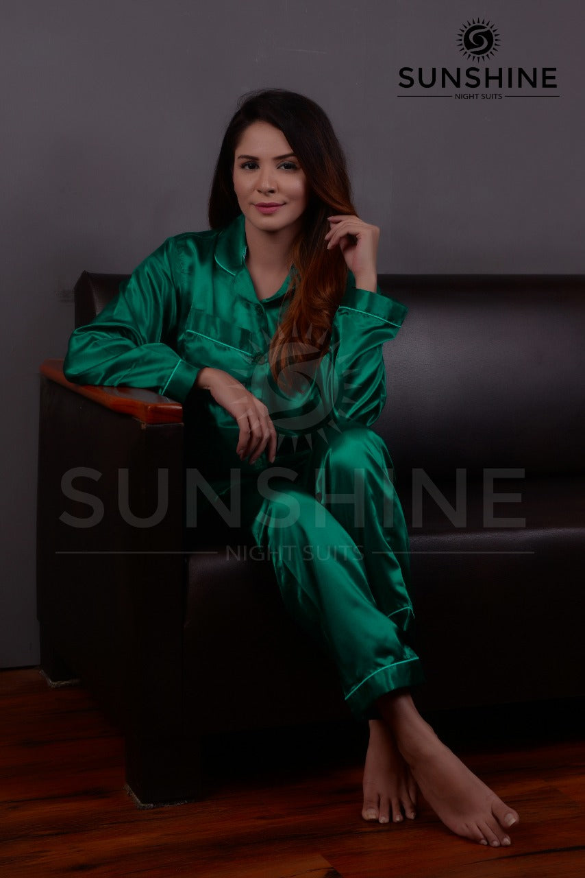 Purchase Sea Green Silk Pajamas for Women Online at MaaRss. Explore our collection of premium black silk pajamas tailored for women. This set includes a stylish button-down long-sleeve top and relaxed-fit pants. Elevate your sleepwear with these luxurious