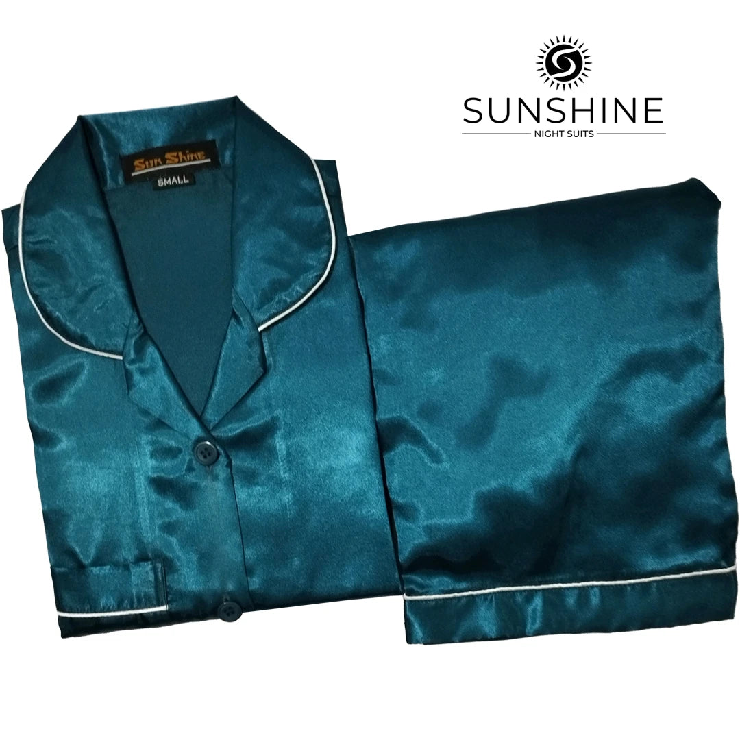 Purchase Teal Silk Pajamas for Women Online at MaaRss. Explore our collection of premium black silk pajamas tailored for women. This set includes a stylish button-down long-sleeve top and relaxed-fit pants. Elevate your sleepwear with these luxurious and 