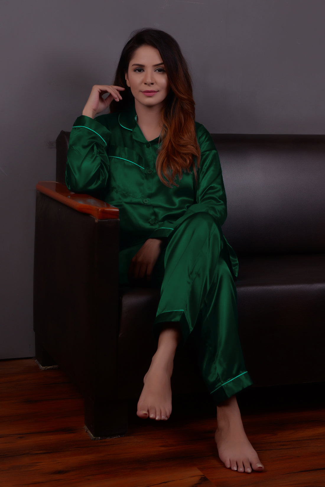 Dark Green Silk Couple Nightwear Set – Luxurious & Romantic