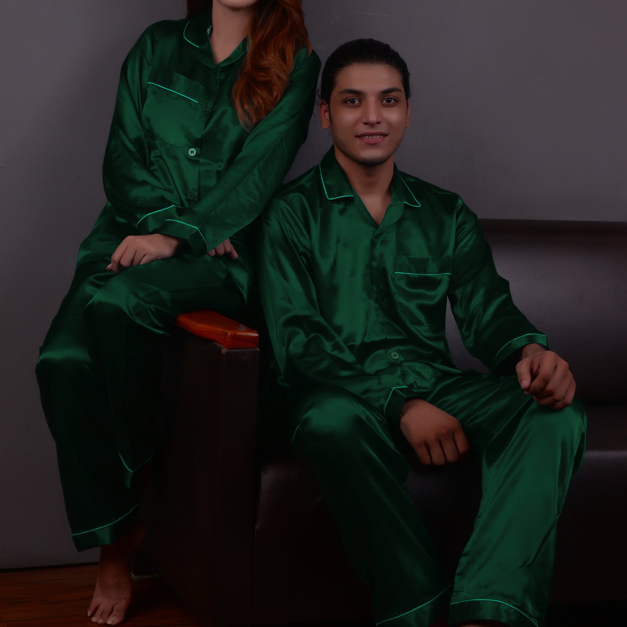 Dark Green Silk Couple Nightwear Set – Luxurious & Romantic