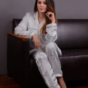 Purchase Silver grey Silk Pajamas for Women Online at MaaRss. Explore our collection of premium black silk pajamas tailored for women. This set includes a stylish button-down long-sleeve top and relaxed-fit pants. Elevate your sleepwear with these luxurious and comfortable pajamas, perfect for a restful night's sleep.