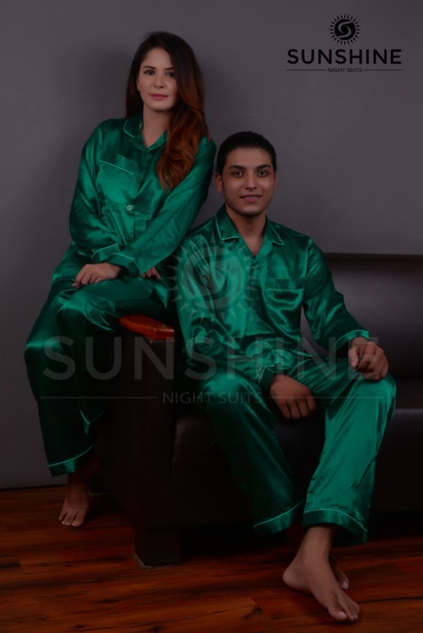 Shop now sea green silk couple nightwear set, featuring elegant and luxurious design