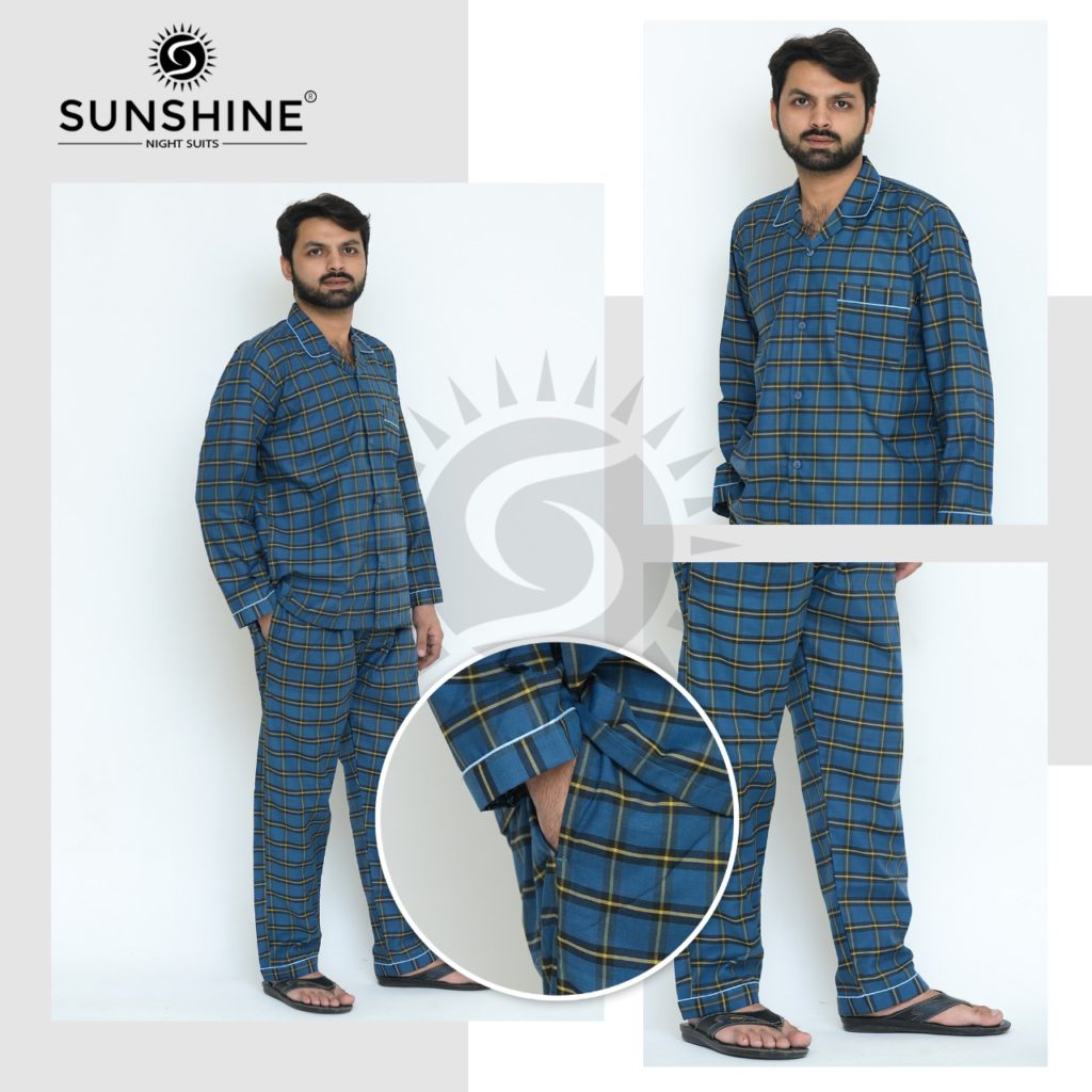 Gents Indigo Check Night Suit | Sunshine | Pajamas - Nightwears