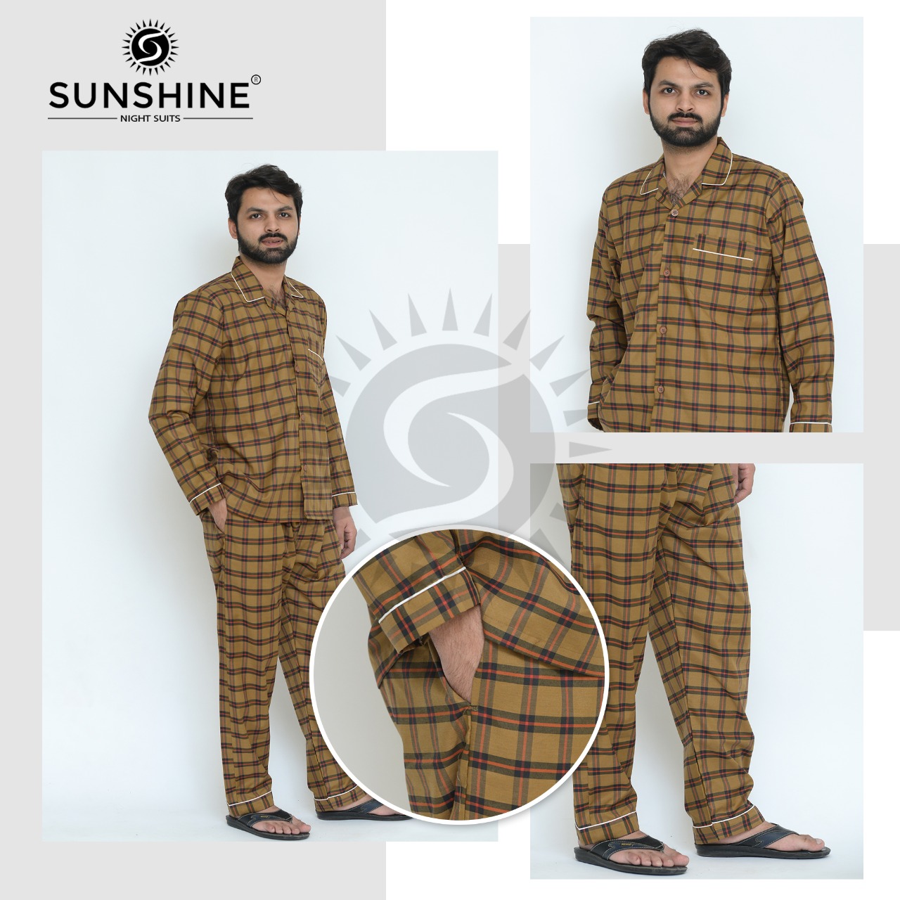 Gents Mustard Check Night Suit | Sunshine | Pajamas - Nightwears