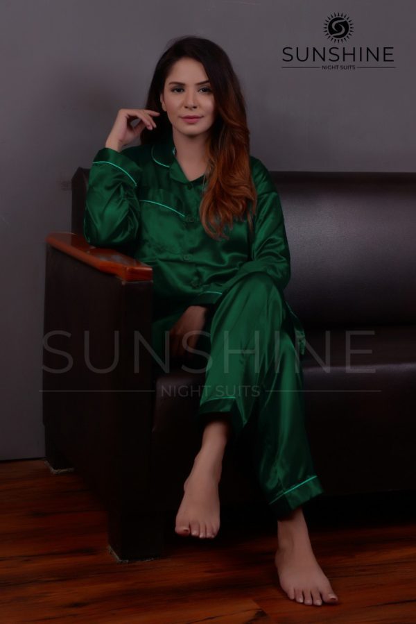 Purchase Dark Green Silk Pajamas for Women Online at MaaRss. Explore our collection of premium black silk pajamas tailored for women. This set includes a stylish button-down long-sleeve top and relaxed-fit pants. Elevate your sleepwear with these luxurious and comfortable pajamas, perfect for a restful night's sleep.