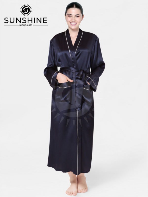 Long Mulberry Silk Gown in Navy Blue - Elegant and Luxurious Women's Silk Dress