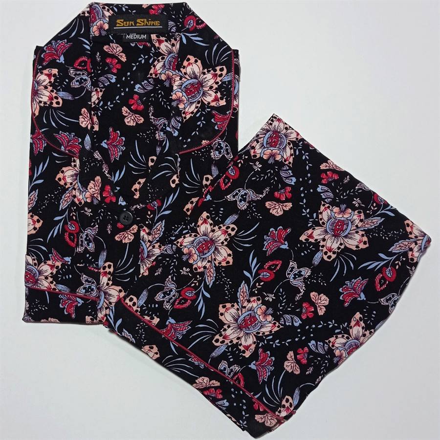 Linen Nightwear Black Floral Ladies | Pajamas - Nightwears