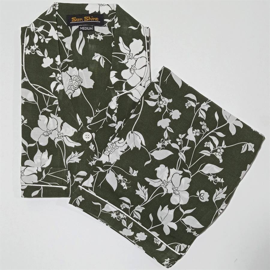 Linen Nightwear Green Floral | Pajamas - Nightwears
