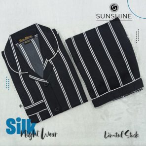 Black White Stripe Printed Silk Nightdress for Women - Luxurious Sleepwear