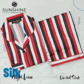 Black red Stripe Printed Silk Nightdress for Women - Luxurious Sleepwear