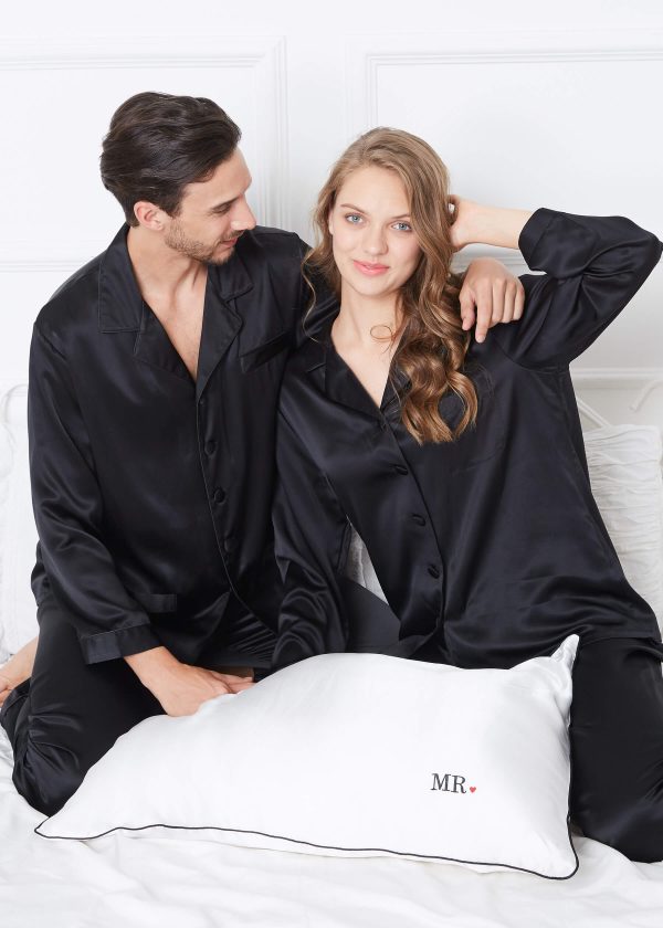 Shop now Black silk couple nightdress set, featuring elegant and luxurious design