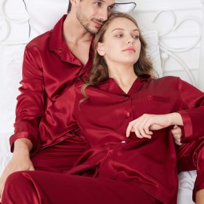 Shop now Red silk couple nightdress set, featuring elegant and luxurious design