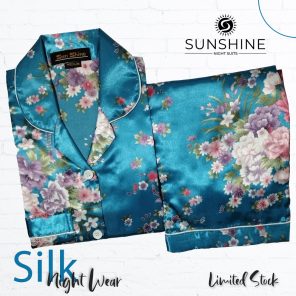 Teal Floral Printed Silk Nightdress for Women - Luxurious Sleepwear
