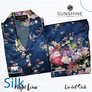 Navy Blue Floral Printed Silk Nightdress for Women - Luxurious Sleepwear