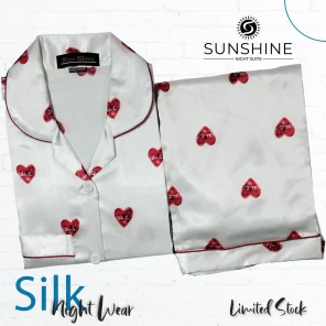 Red Heart Printed Silk Nightdress for Women - Luxurious Sleepwear