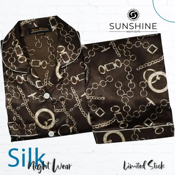 Brown Chain Printed Silk Nightdress for Women - Luxurious Sleepwear