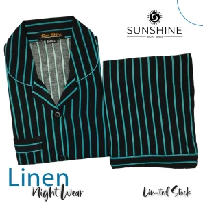 Black Green Stripes Printed Linen Nightdress for Women - Luxurious Sleepwear