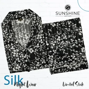 Black White Floral Printed Silk Nightdress for Women - Luxurious Sleepwear